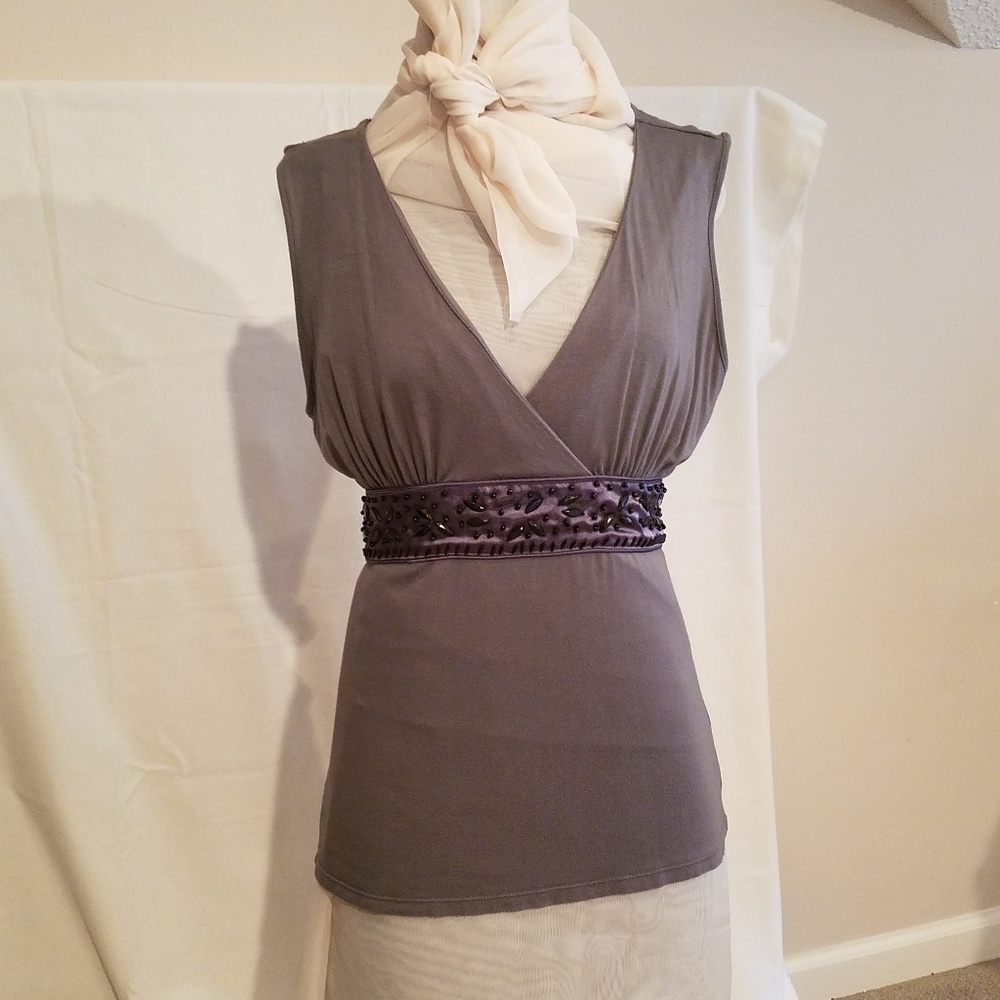 White House |Black Market Woman's sleeveless gray top Beaded waist band sz. S